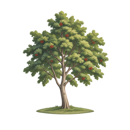 A light watercolor of a rowan tree with red berries