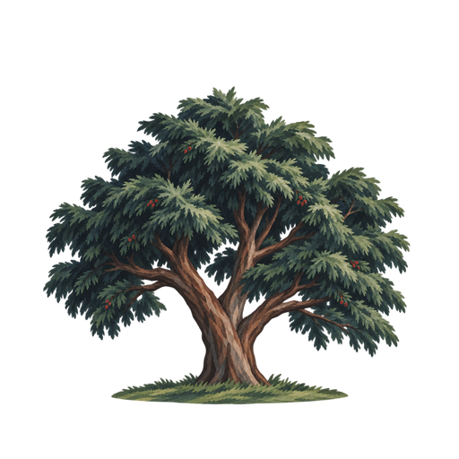 An old yew tree with deep green branches and red berries